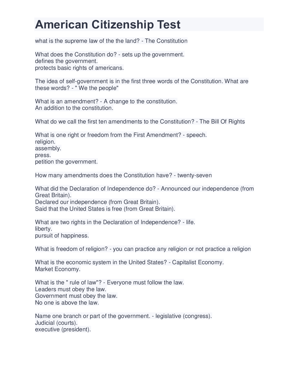 Preview image for American Citizenship Test